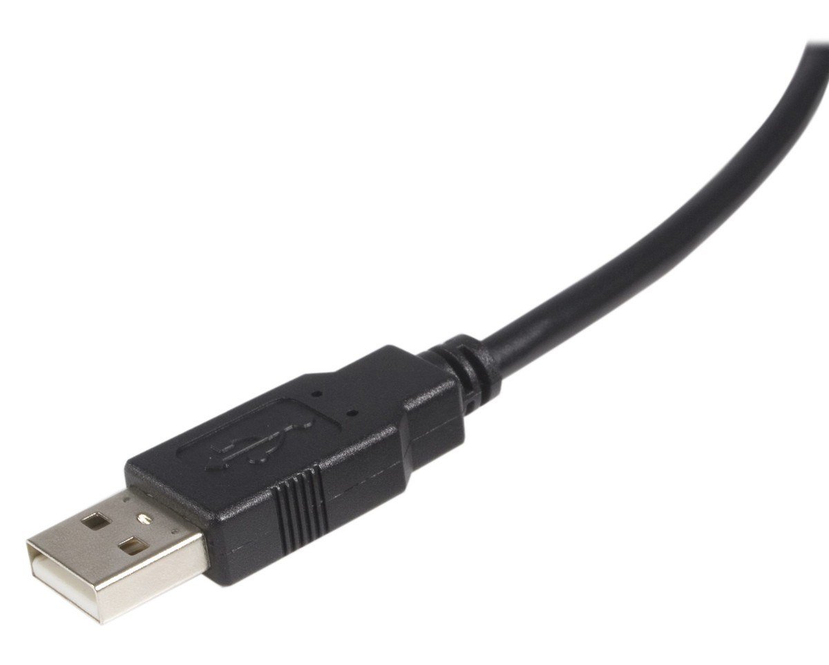 Black USB 2.0 Type-A plug with a silver metal shell and the USB trident on the housing