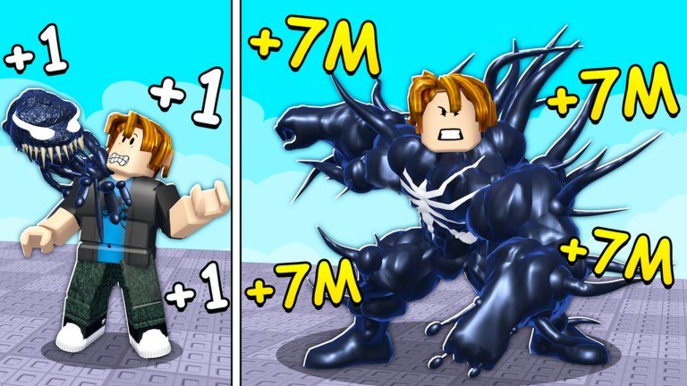 Split panel showing a +1 Venom Evolution character before and after transforming