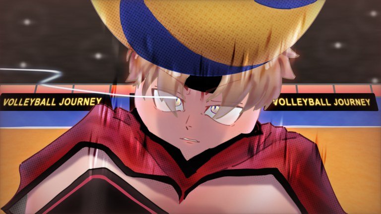 Volleyball Journey spiker in a red kit under the game banner