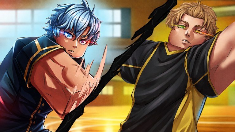 Two Volleyball Journey players facing each other across a gym court