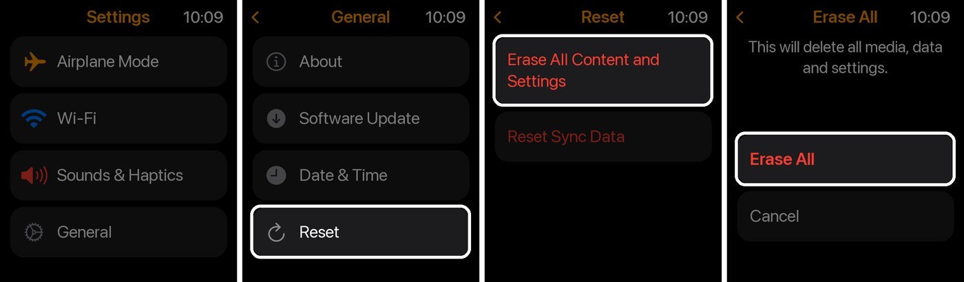 watchOS Settings showing General, Reset and Erase All Content and Settings on Apple Watch