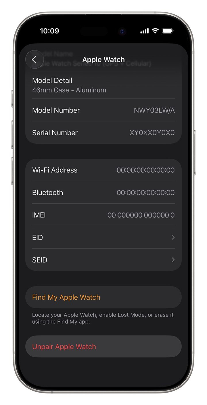 Apple Watch info screen with Find My Apple Watch and the red Unpair Apple Watch button