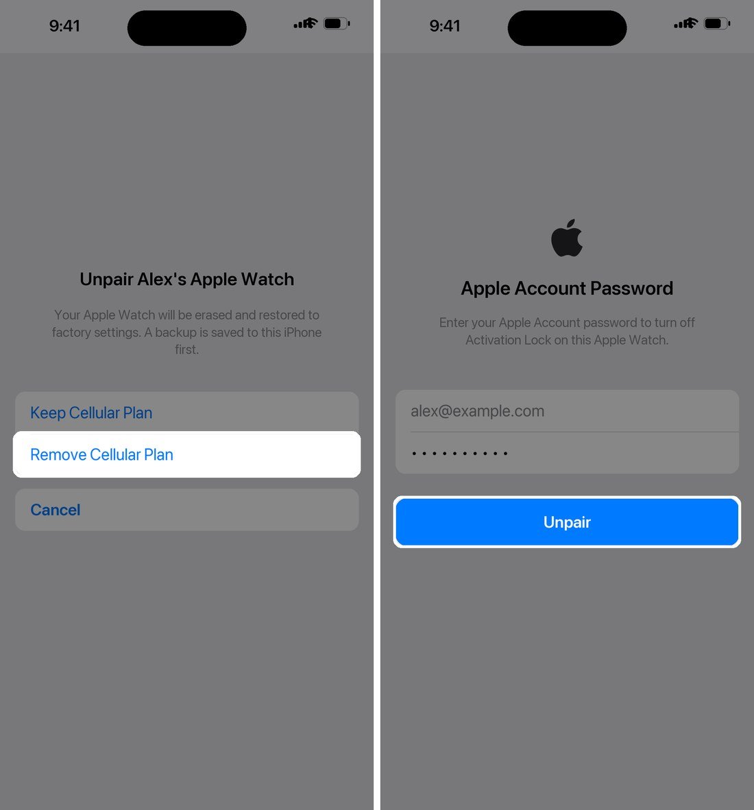 Choosing whether to keep the cellular plan and entering the Apple Account password to unpair an Apple Watch