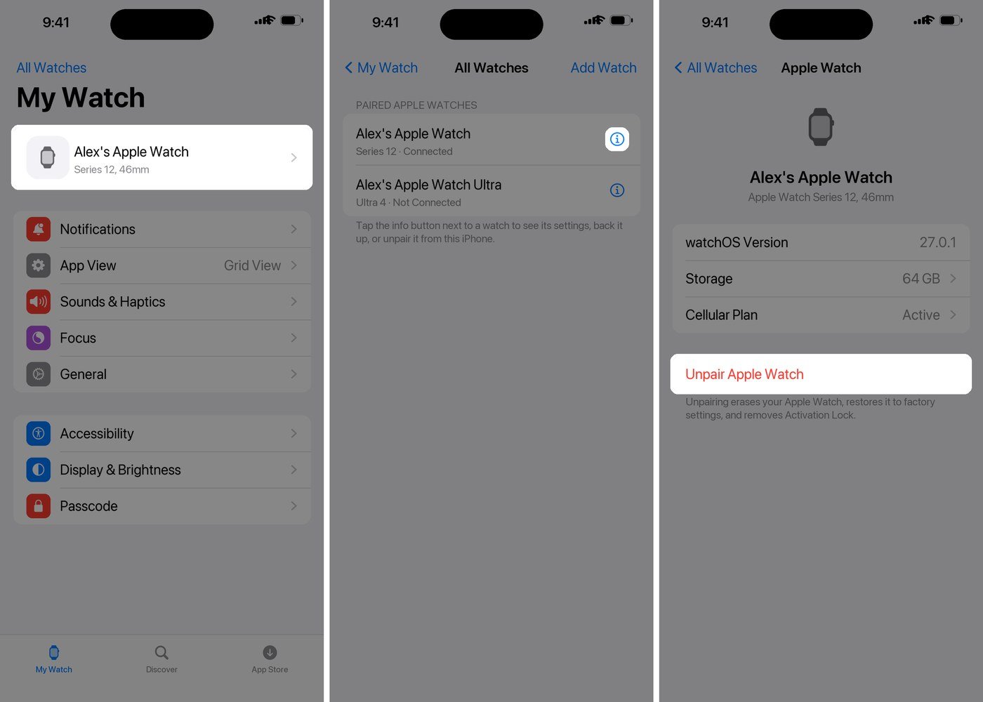 Apple Watch app on iPhone showing My Watch, All Watches and the Unpair Apple Watch button