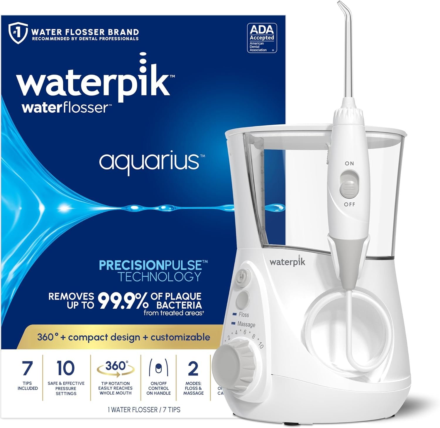 Waterpik Aquarius countertop water flosser in white with its reservoir and flossing wand