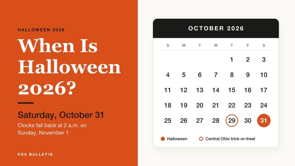 October 2026 calendar with Saturday, October 31 marked in orange and Thursday, October 29 circled for Central Ohio trick-or-treat