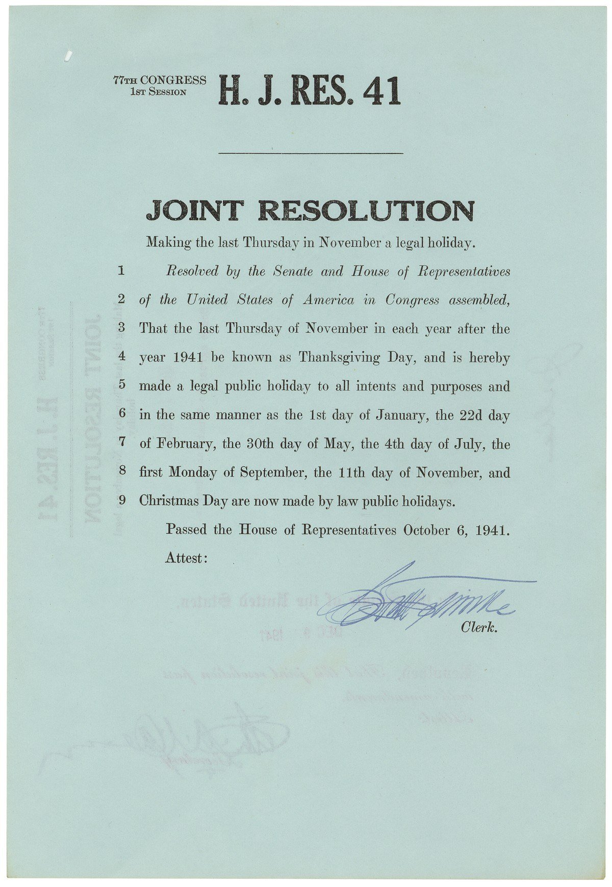 House Joint Resolution 41 as passed on October 6, 1941, making the last Thursday in November a legal holiday