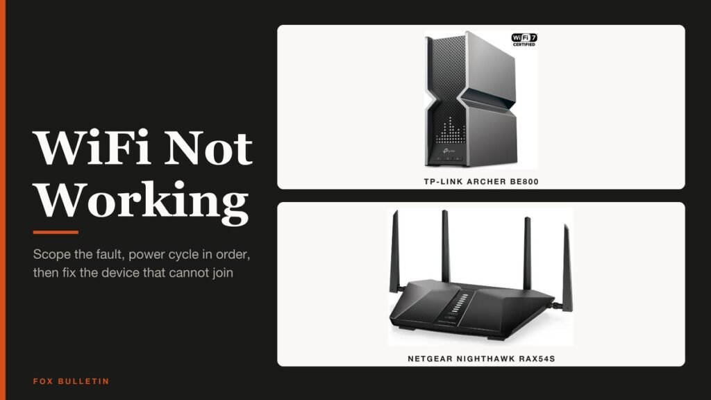 WiFi Not Working headline beside a home router with a red status light