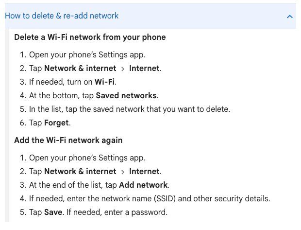 Google Pixel help steps for deleting a saved Wi-Fi network and adding it again under Network and internet