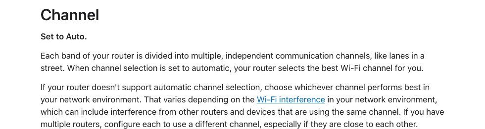 Apple router guidance on the Channel setting, advising Auto and a different channel for each nearby router