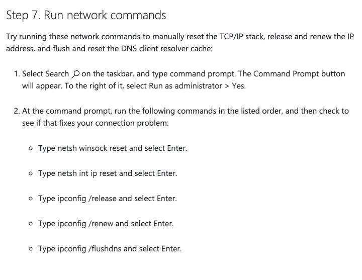 Microsoft support list of the five Command Prompt commands from netsh winsock reset to ipconfig /flushdns