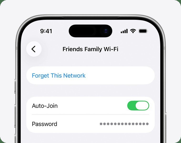 iPhone network detail screen showing the Forget This Network button above the Auto-Join switch