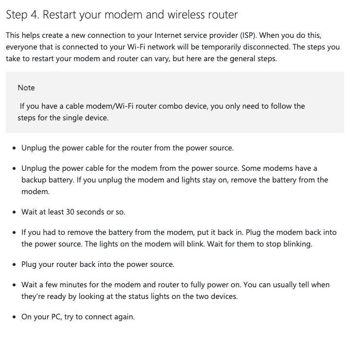 Microsoft support steps for restarting a modem and wireless router: unplug both, wait 30 seconds, plug the modem in first
