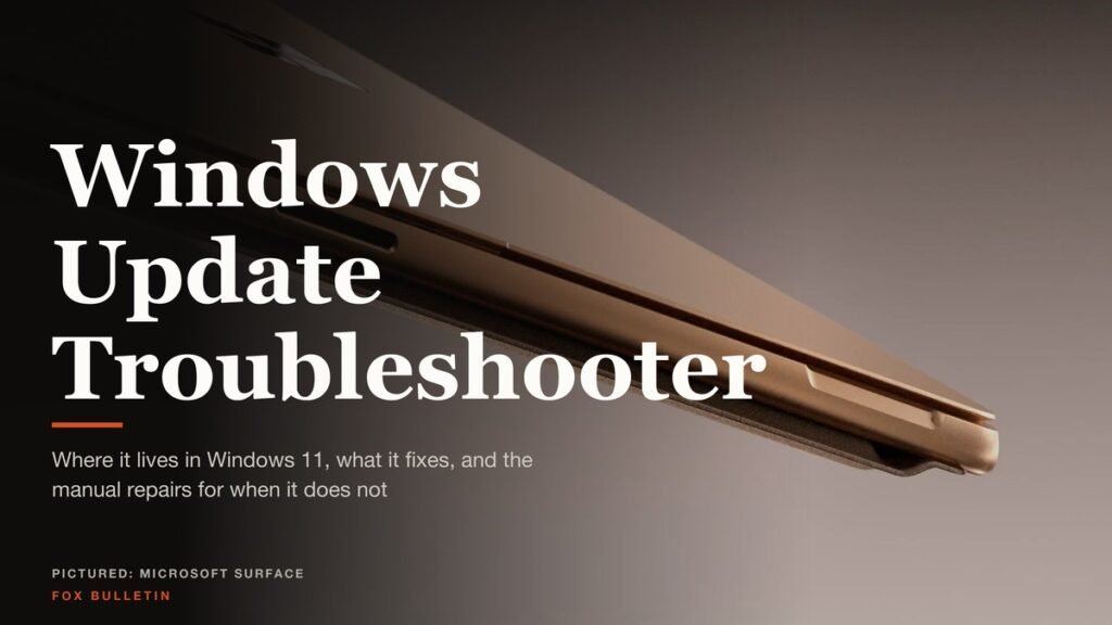 Windows Update Troubleshooter headline beside a Windows update progress screen stuck at a percentage