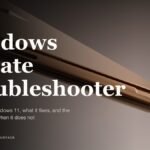 Windows Update Troubleshooter headline beside a Windows update progress screen stuck at a percentage