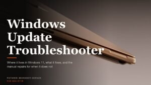 Windows Update Troubleshooter headline beside a Windows update progress screen stuck at a percentage