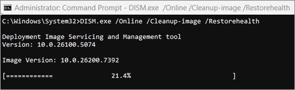 Administrator Command Prompt running DISM.exe /Online /Cleanup-image /Restorehealth with a progress bar at 21.4 percent