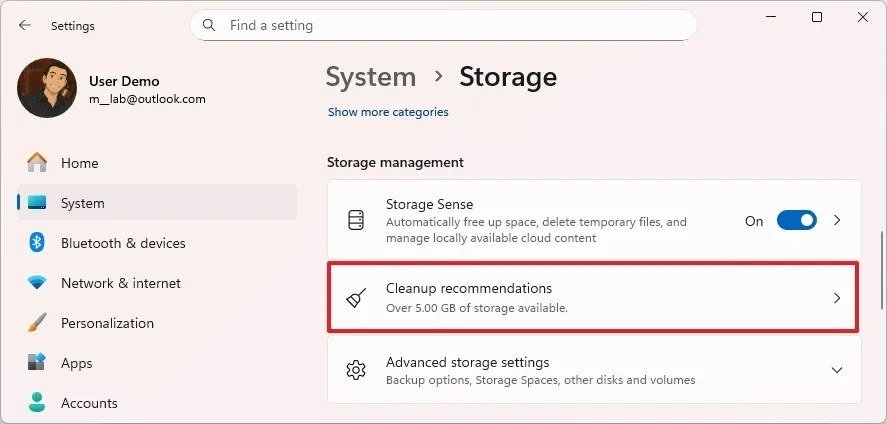 Windows 11 System Storage page with the Cleanup recommendations row outlined in red