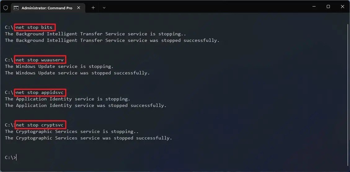 Administrator terminal on Windows 11 running net stop bits, wuauserv, appidsvc and cryptsvc, each reporting stopped successfully