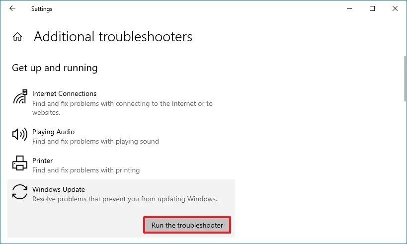 Windows 10 Additional troubleshooters page with the Run the troubleshooter button under Windows Update outlined in red