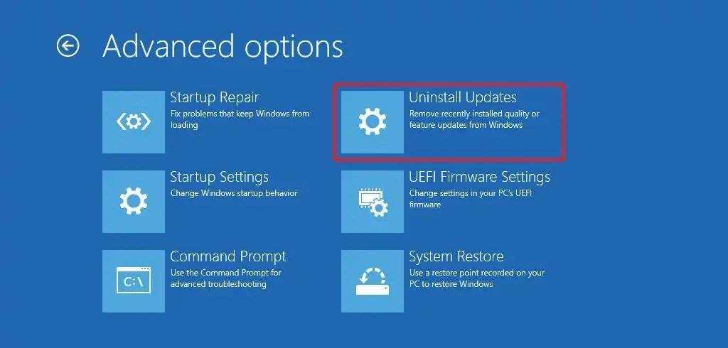 Windows Recovery Environment Advanced options screen with Uninstall Updates outlined in red beside Startup Repair and System Restore
