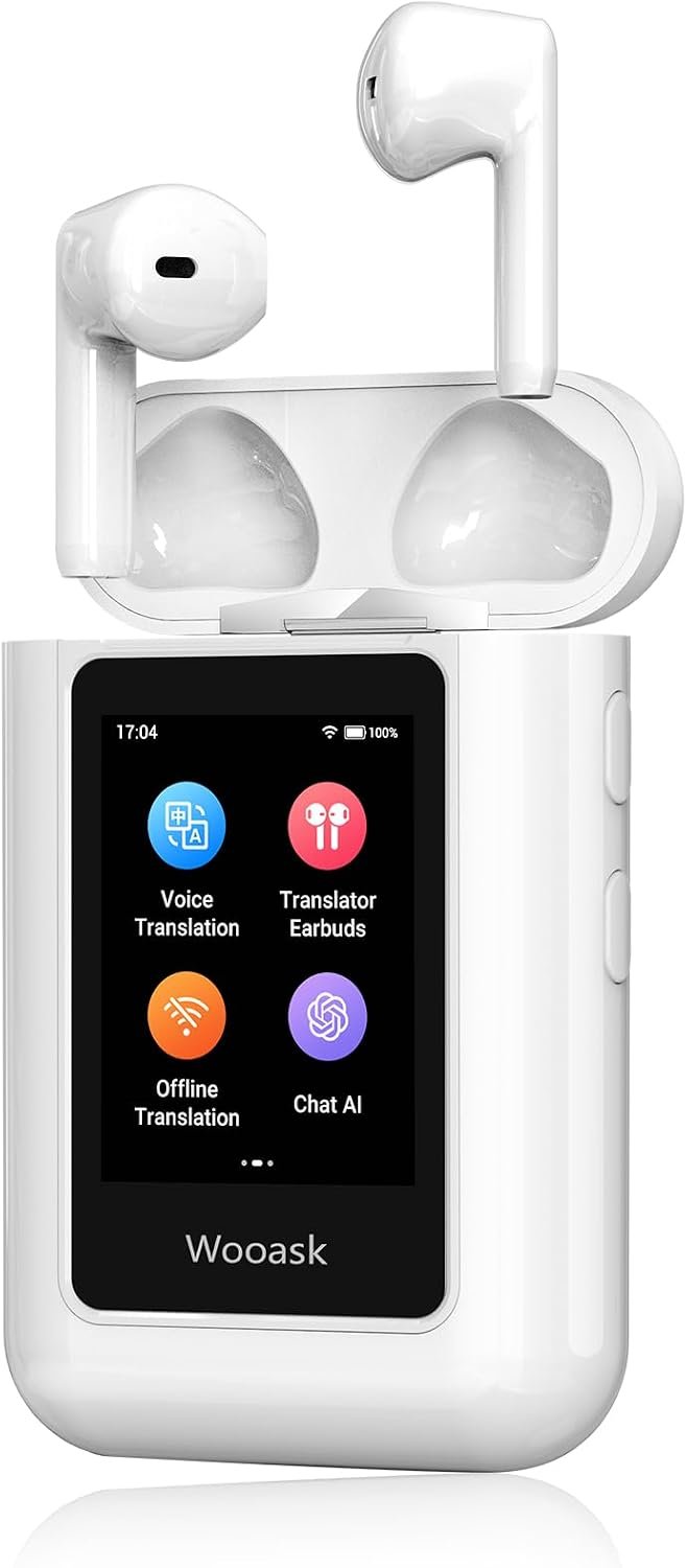 Wooask A8 offline translation earbuds with their charging case, a standalone translator device