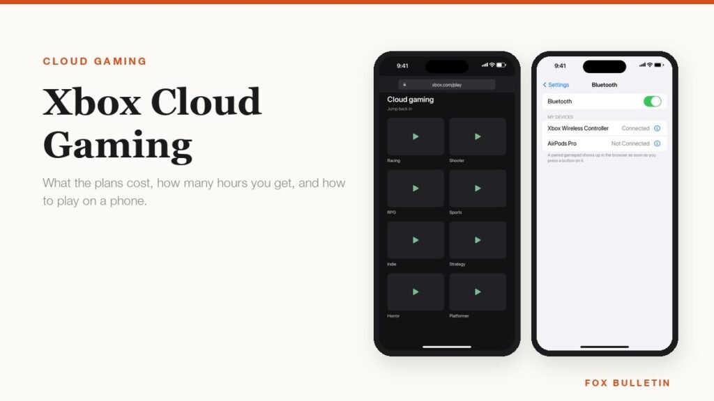 A phone browser open at xbox.com slash play beside iOS Bluetooth settings with a controller connected