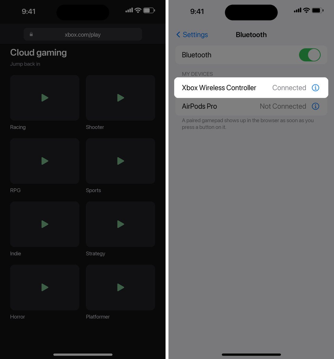 A phone browser open at xbox.com slash play beside iOS Bluetooth settings with a controller connected