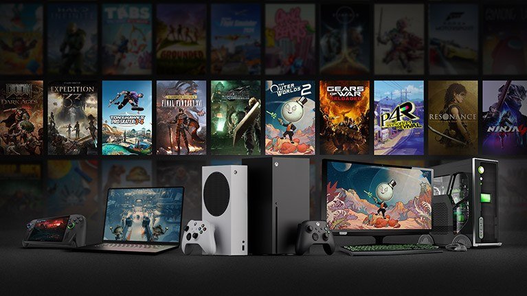 Xbox Play Anywhere key art showing a game running on console, PC and handheld