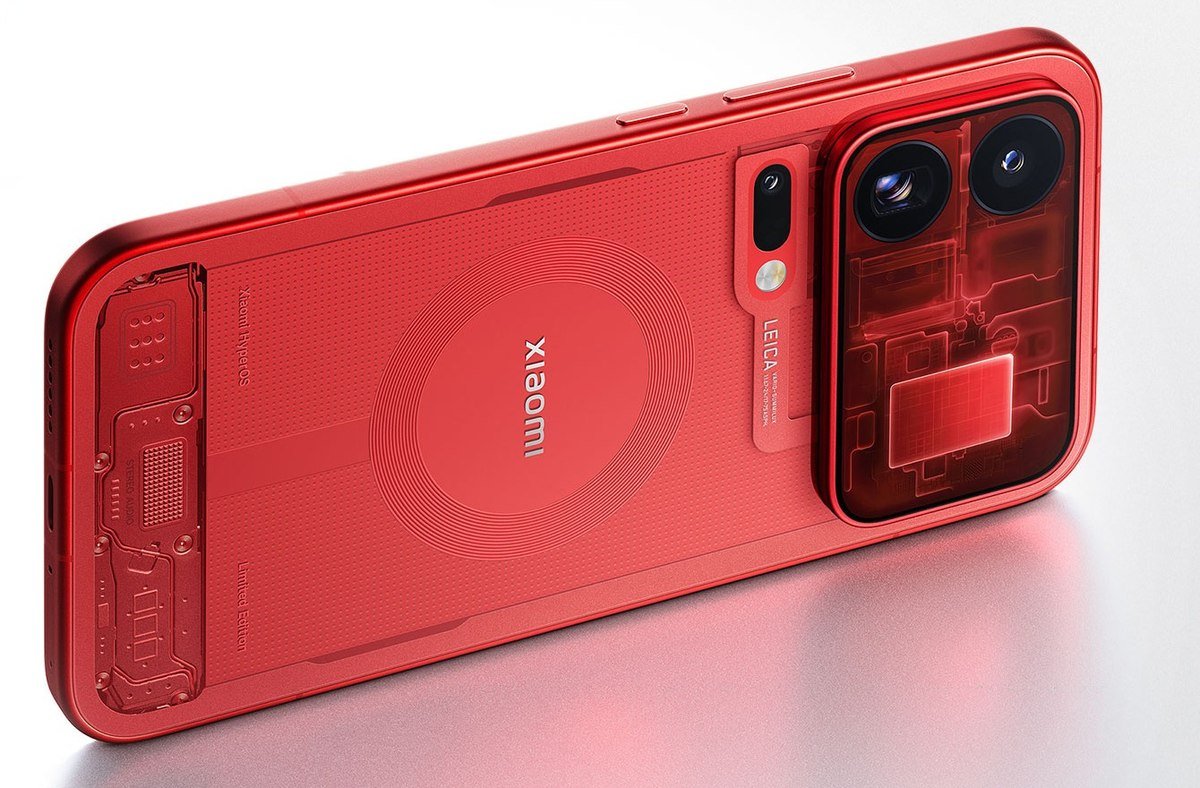 Back of the red Xiaomi 18 Pro Max Transparent Edition at an angle, showing the camera island and circuit pattern
