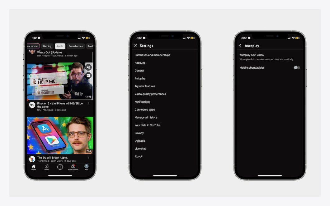 YouTube on iPhone: the watch feed, the Settings list and the Autoplay screen