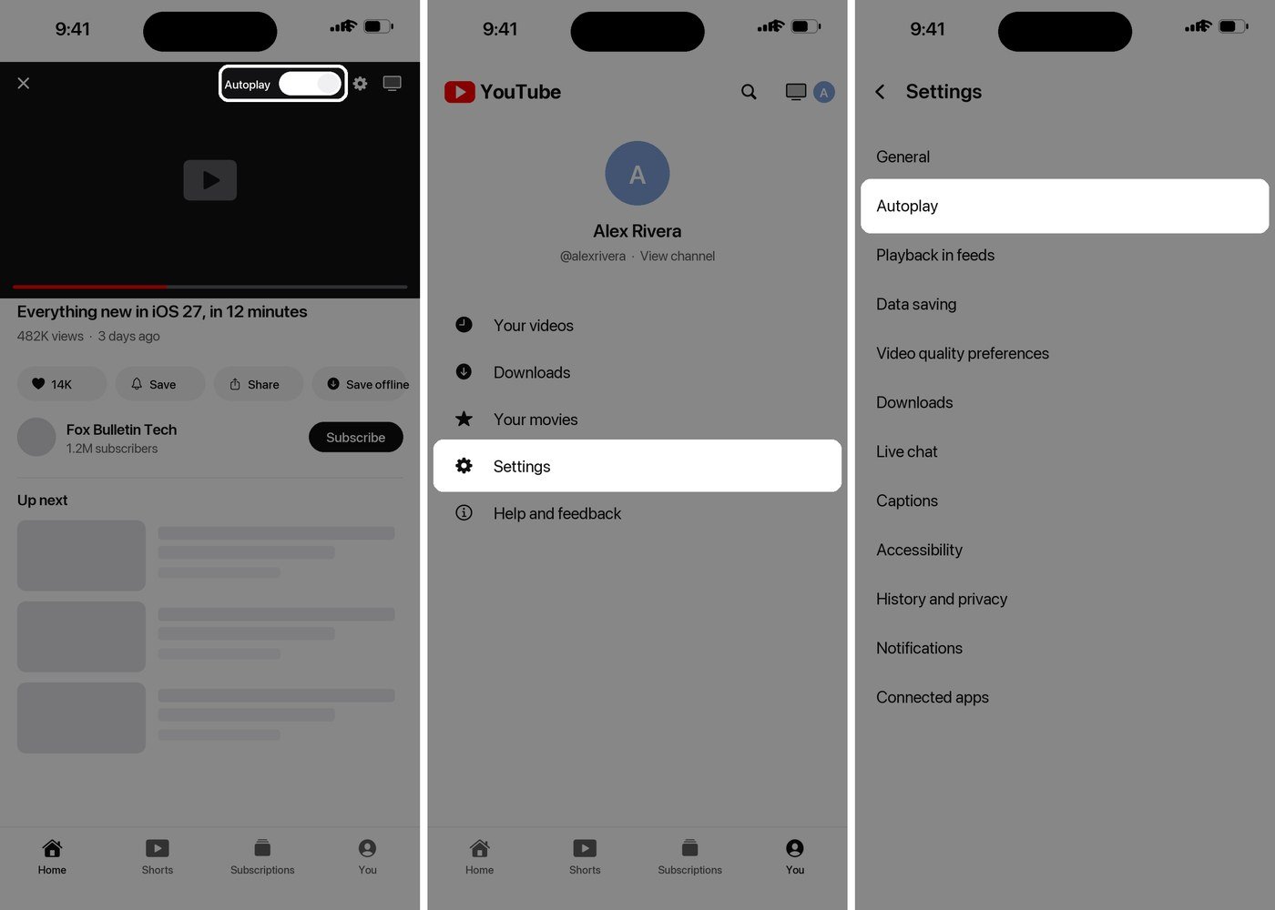YouTube app showing the Autoplay switch on the player, the account menu and the Settings list