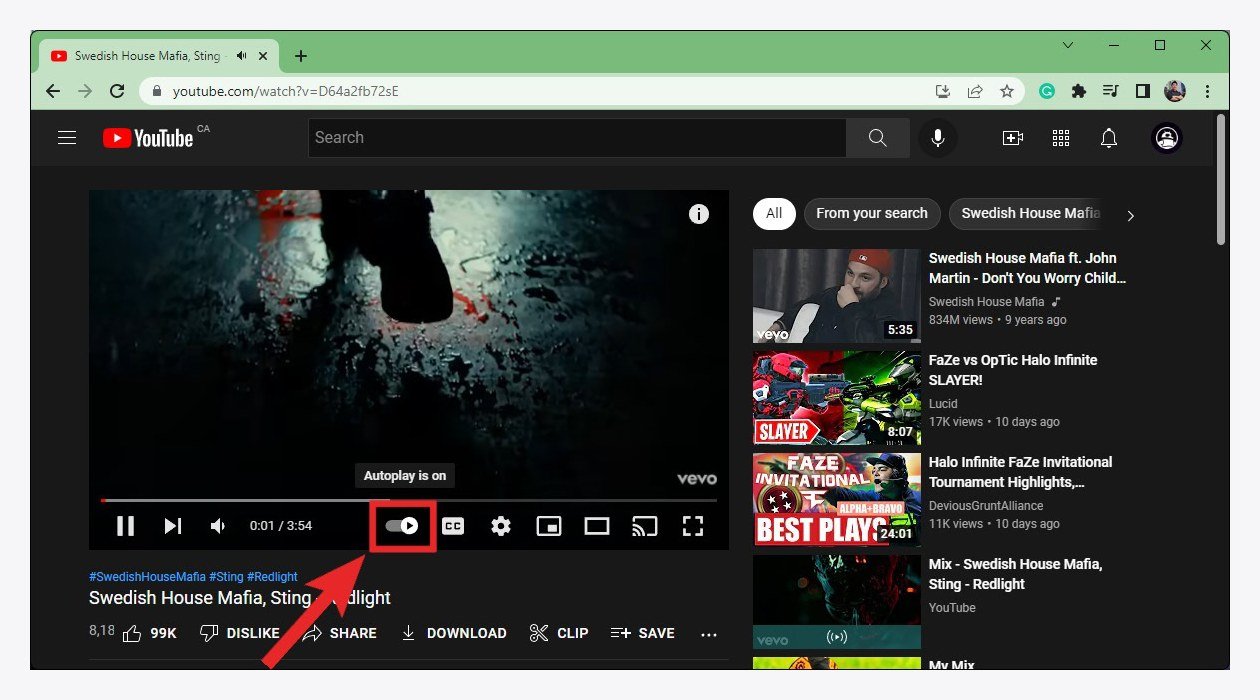 YouTube in a desktop browser with the Autoplay switch in the player controls