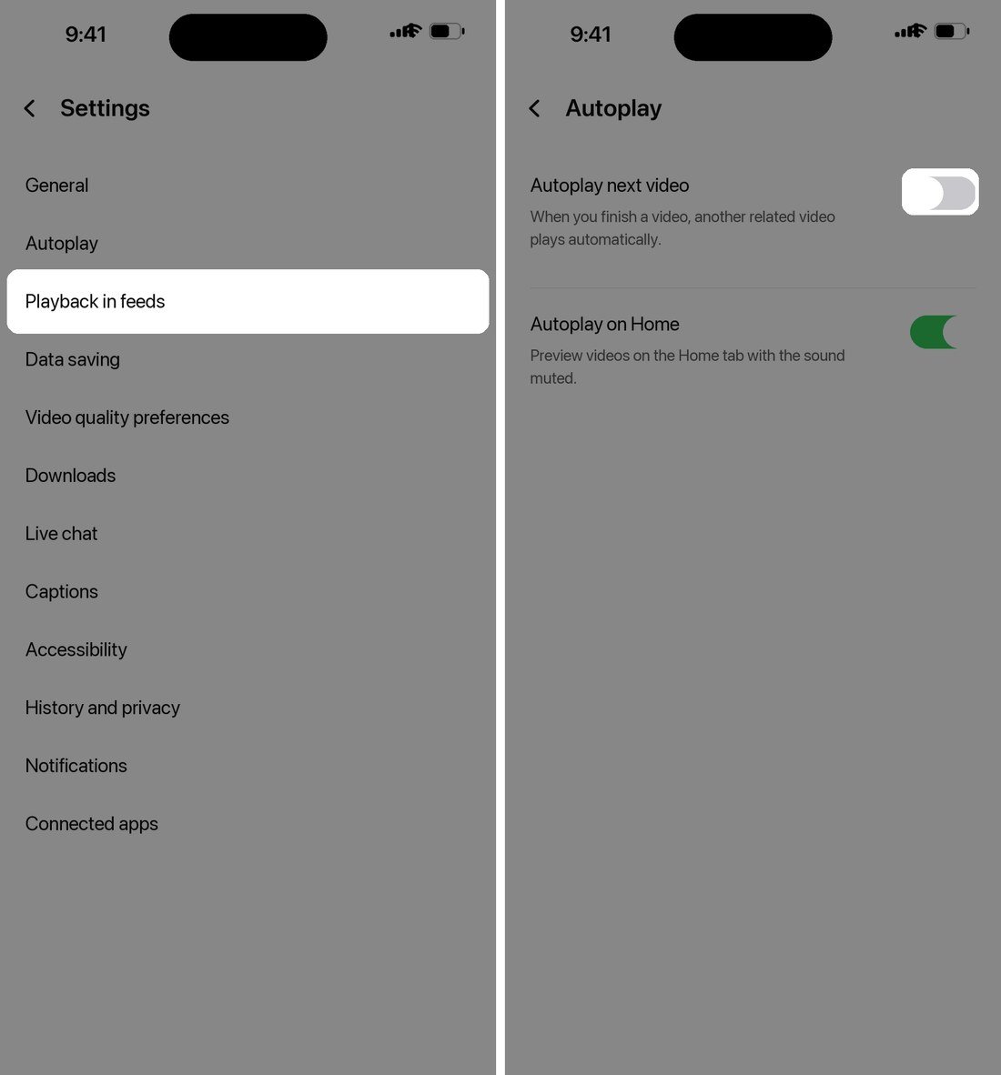 YouTube Settings showing Playback in feeds and the Autoplay next video switch turned off
