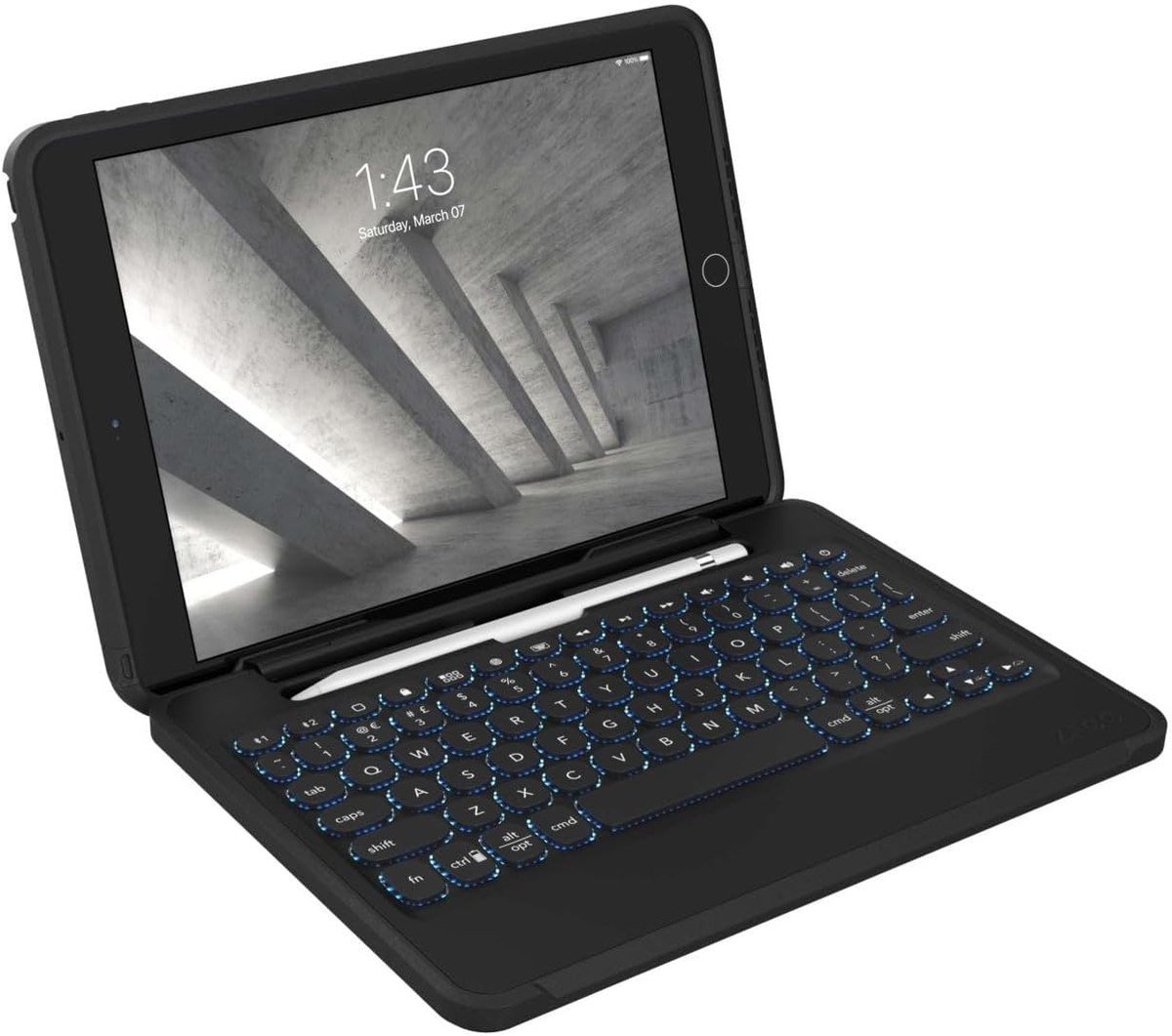 ZAGG Rugged Book case for the 10.2-inch iPad with its detachable backlit keyboard attached