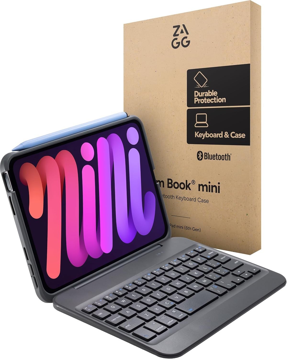 ZAGG Slim Book mini keyboard case holding an iPad mini beside its retail box