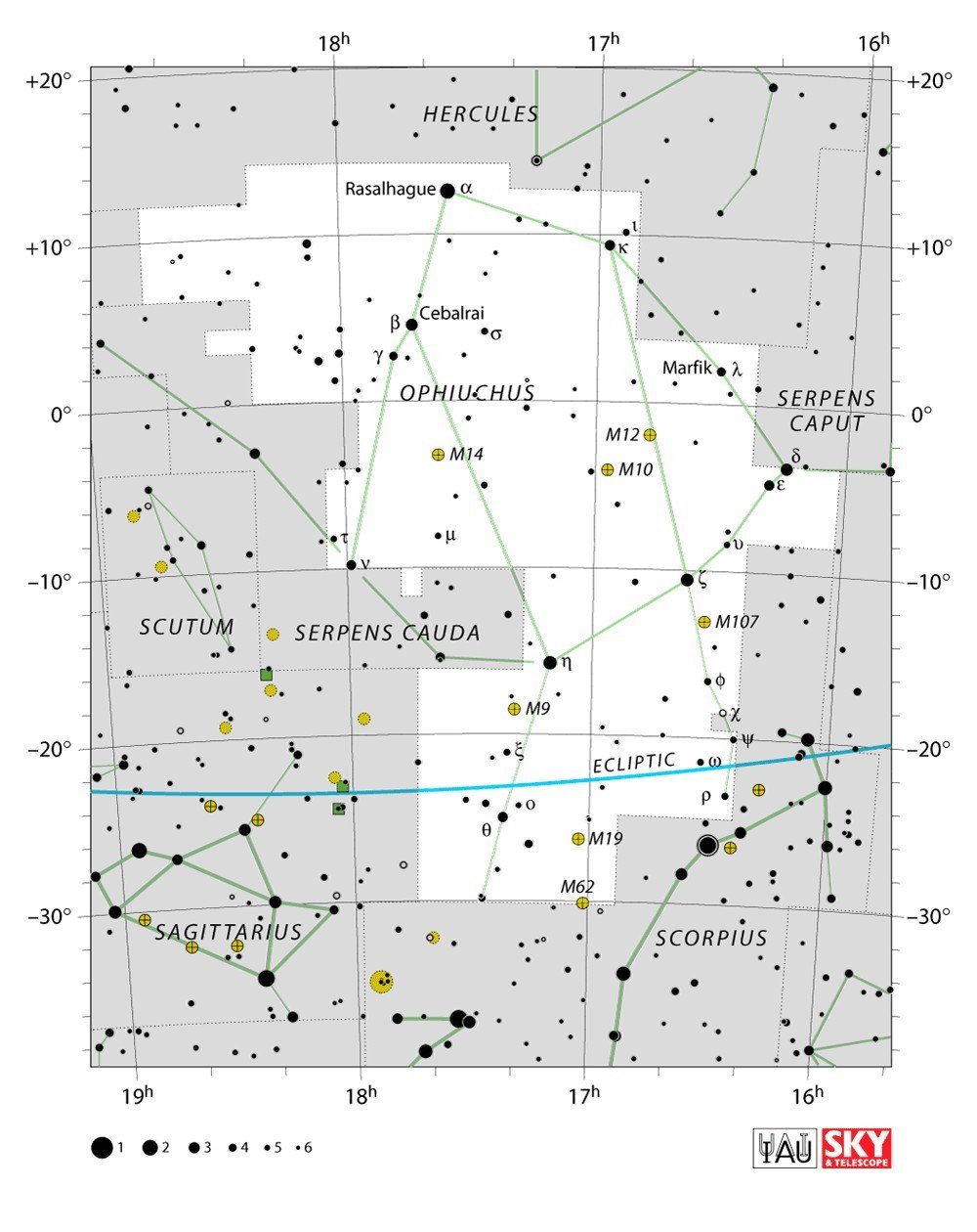 IAU chart of Ophiuchus with the ecliptic crossing its southern part