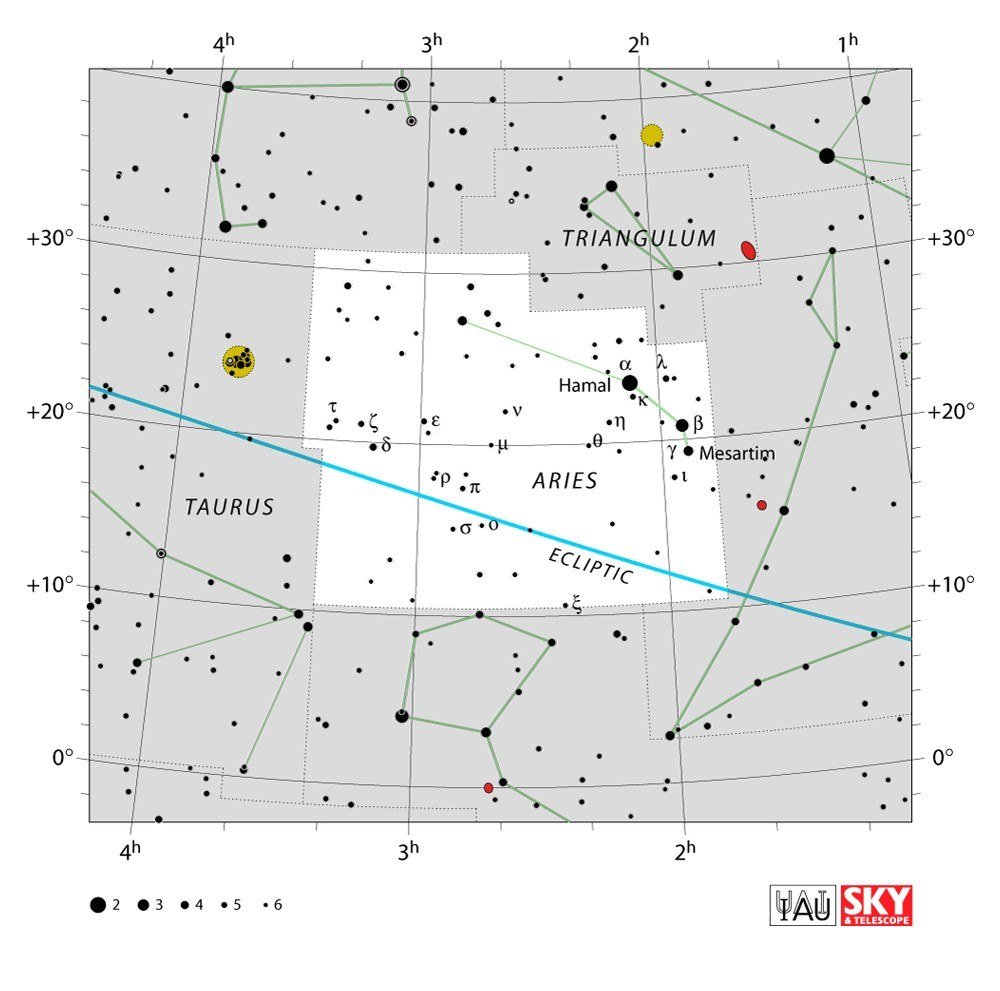 IAU chart of the constellation Aries showing Hamal and the ecliptic