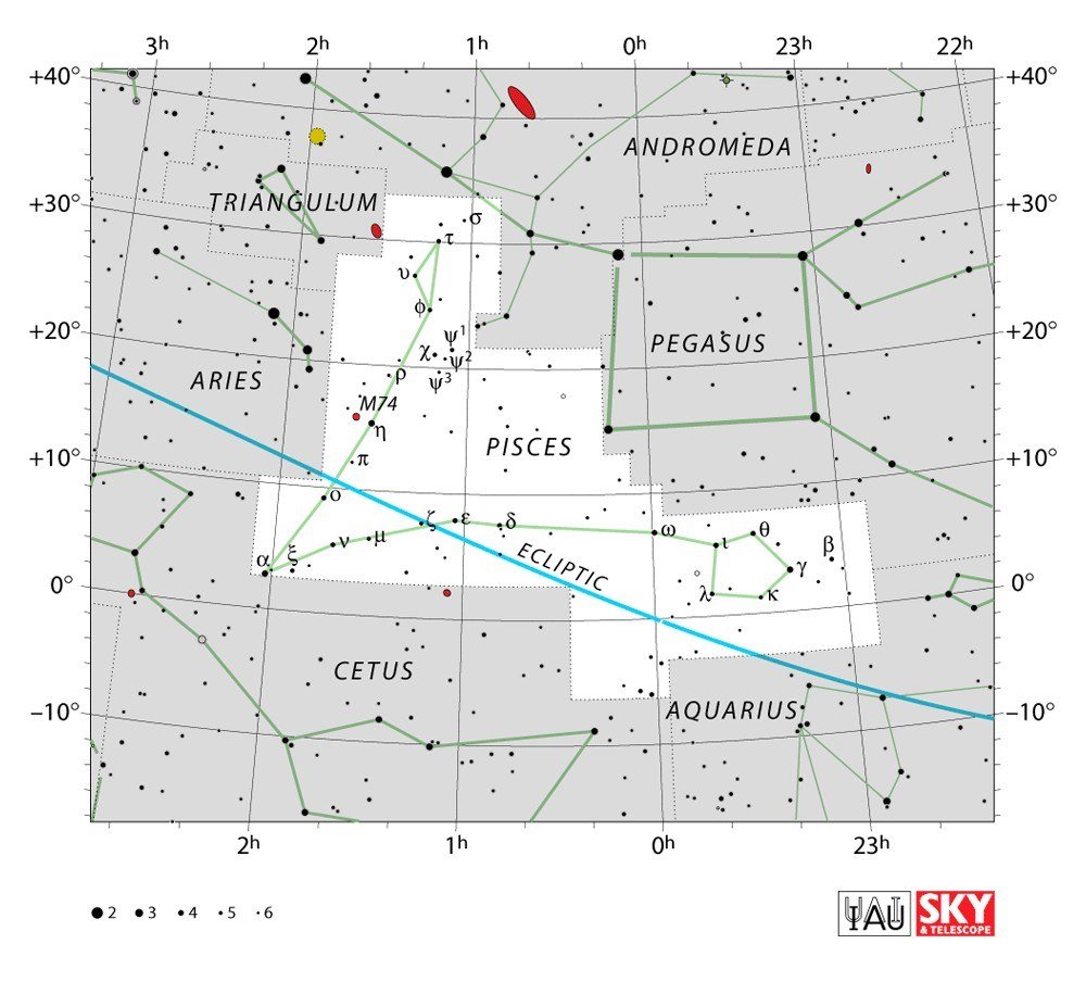 IAU chart of Pisces showing the two fish and the ecliptic