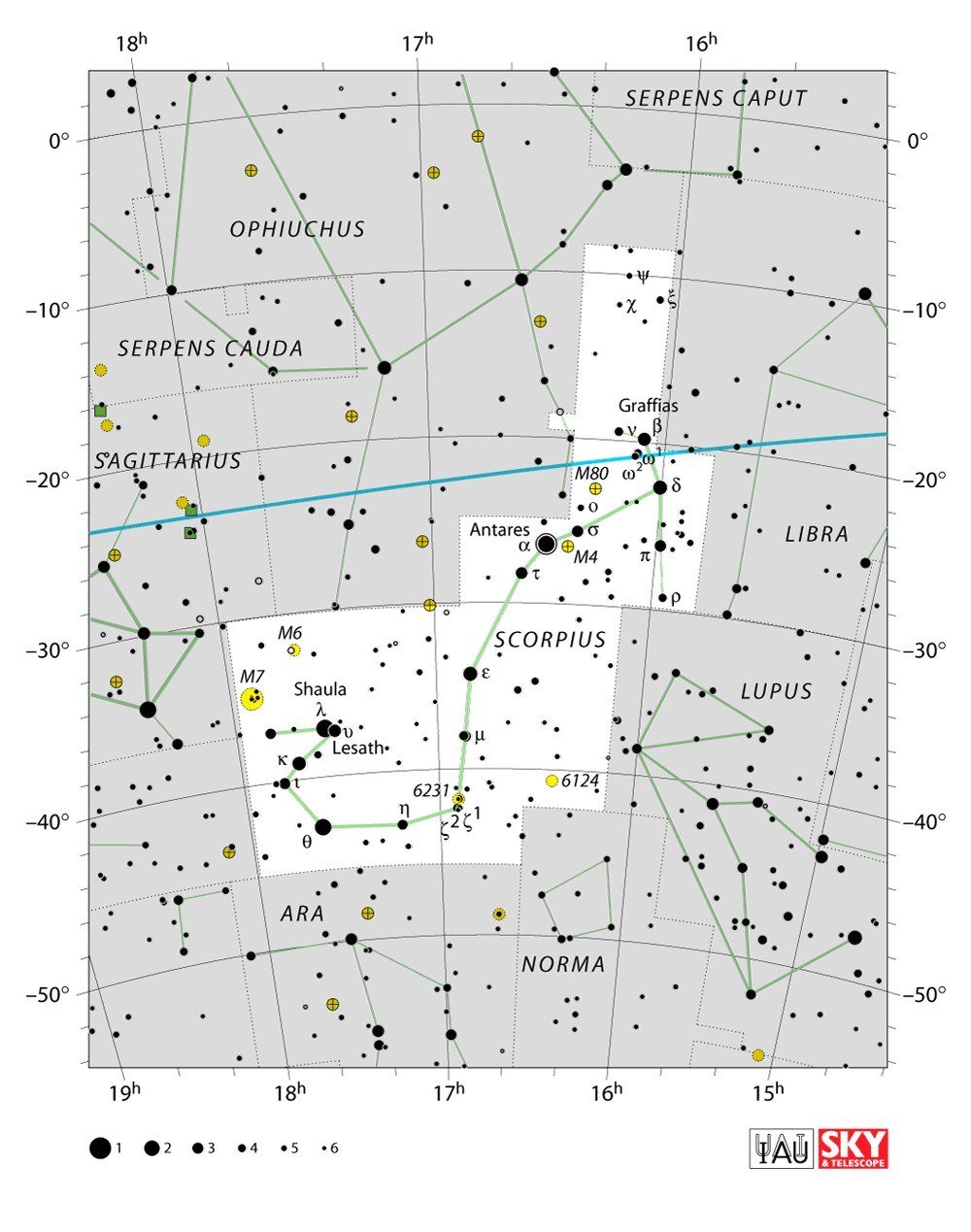 IAU chart of Scorpius with Antares, with the ecliptic crossing its northern edge