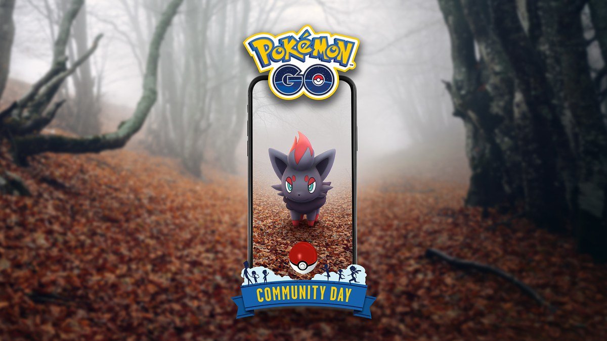Zorua on a Pokémon GO Community Day phone frame in an autumn forest